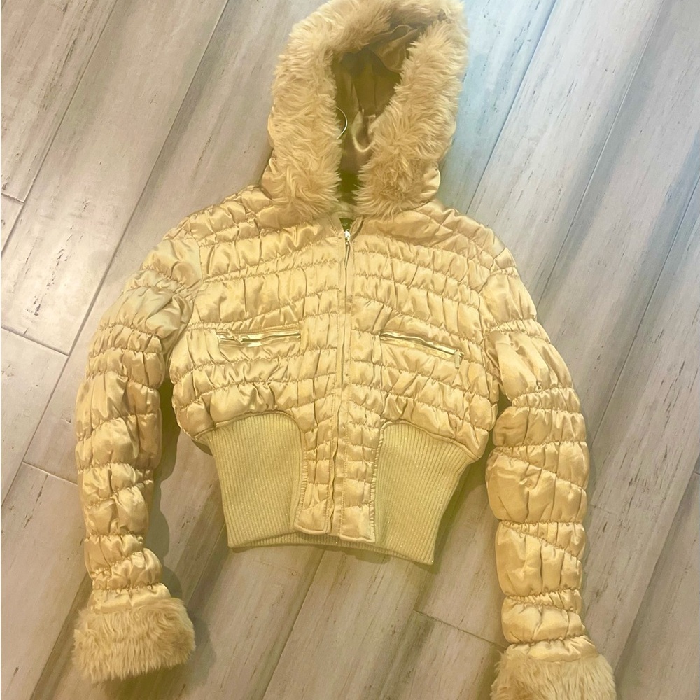 Junior’s Gold Puffer Jacket with Faux Fur Trim